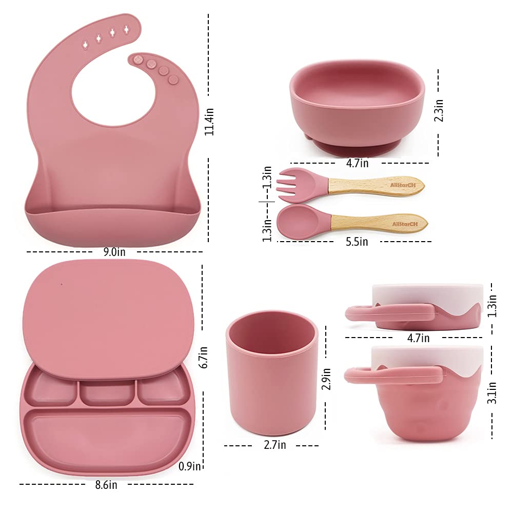 Silicone Baby Feeding Set of 6 - Suction Plate Silicone Bowl Silicone Bib Snack Cup Drinking Cup Sippy Cup Wooden Spoon & Forks - Boys Girls Toddlers Baby Utensils Eating Supplies
