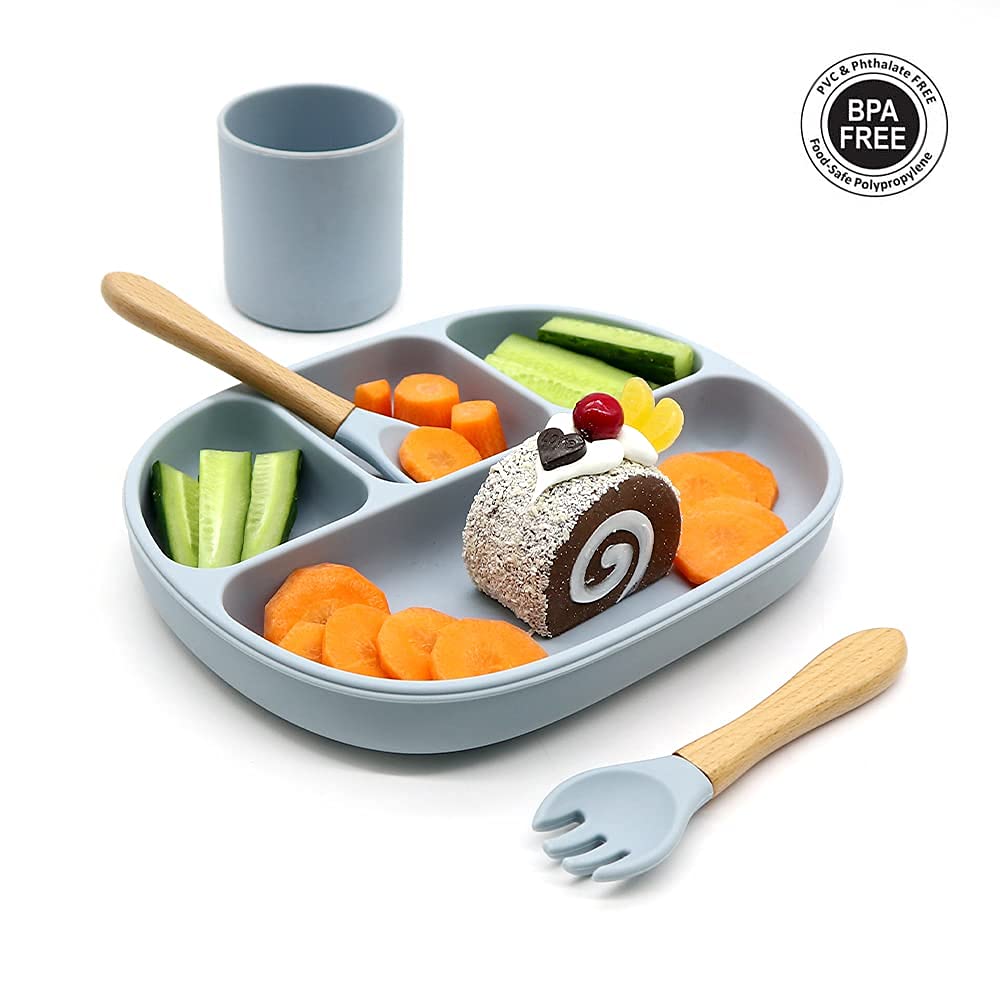 Baby Feeding Set BPA Free Kids Silicone Plate and Stainless Steel