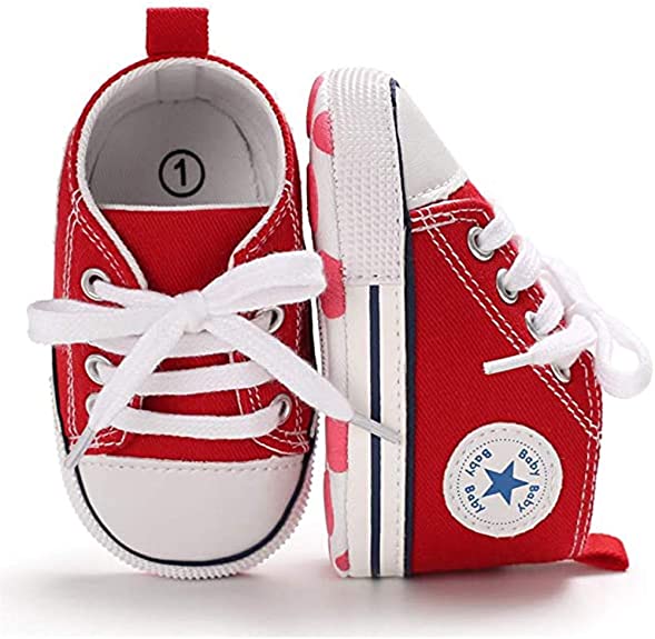 Baby Girls & Boys Canvas Denim Unisex Soft Sneakers Anti-Slip High-Top Ankle Infants' First Walkers Crib Shoes