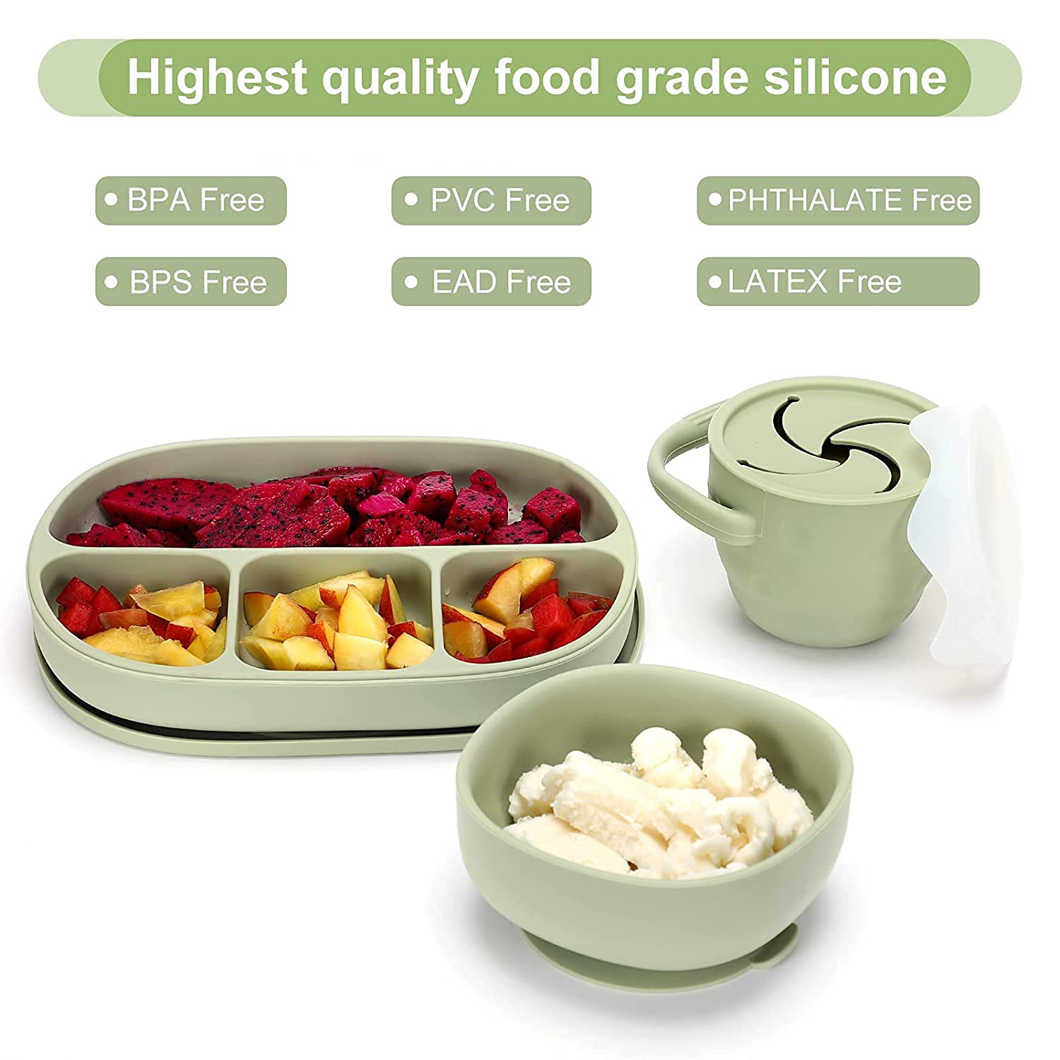 Little Twig 6-pc Silicone Feeding Set with Bib, Suction Plate, Suction  Bowl, Spoon, Fork and Travel Bag, Sage